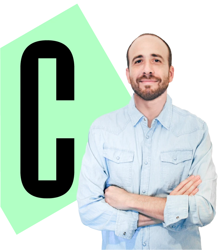 A large black letter 'C' over a slightly rotated mint rectangle background shape on the left, representing the Cuibo logo. On the right, the Cuibo founder, wearing a light blue button-up shirt, stands with his arms crossed and a slight smile.