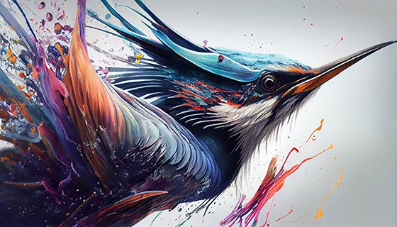 Vibrant artistic illustration of a bird with colorful feathers splashing outwards, symbolizing freedom and creativity