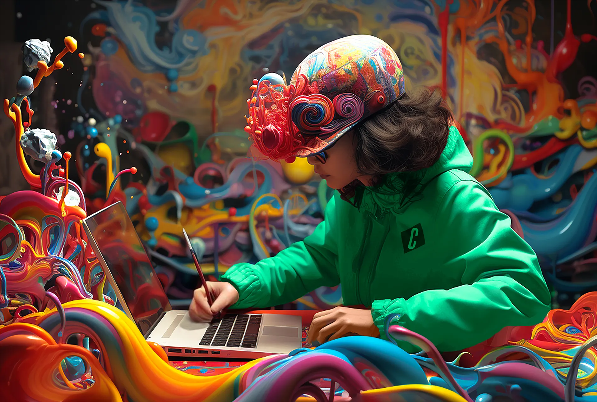 A young girl wearing a colorful artistic helmet and green jacket, working on a laptop with a stylus in a vivid, abstract environment full of swirling colors and shapes.