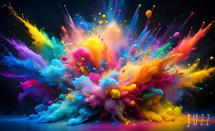 Explosion of colorful powder in various shades, creating a vibrant, dynamic effect, with the brand 'JUZZ' in the corner