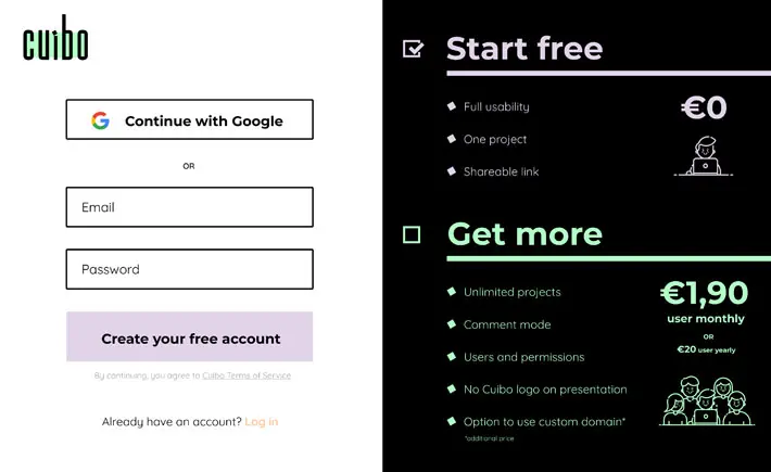 Login and pricing page for 'Cuibo.io' presentations platform, with options for a free account and various subscription plans