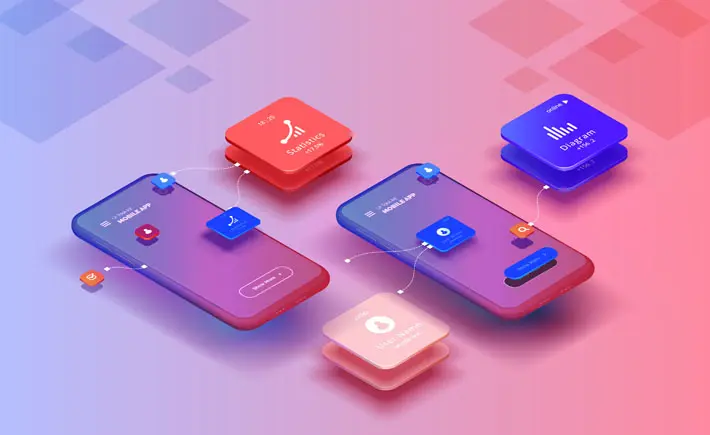 Colorful, 3D representation of mobile app screens and data interactions with vibrant icons and links connecting various screens