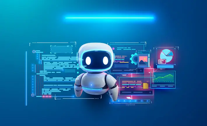 3D robot avatar with a digital interface in the background displaying graphs, charts, and code, suggesting artificial intelligence and data processing