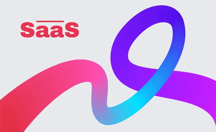 Colorful, gradient ribbon design against a light gray background, with the word 'SaaS' displayed, representing the concept of software-as-a-service