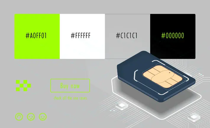 SIM card graphic with color swatches and hex codes for colors #A0FF01, #FFFFFF, #C1C1C1, and #000000, accompanied by a 'Buy now' button