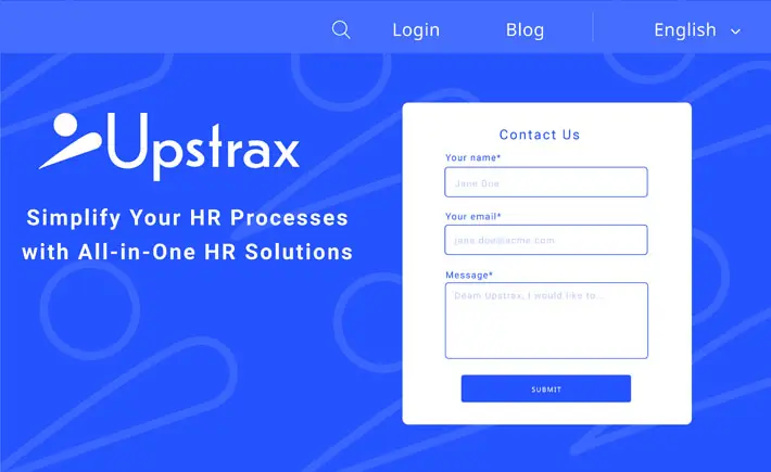 Contact page for 'Upstrax' brand with a form to submit a name, email, and message, set against a bright blue background promoting HR solutions.