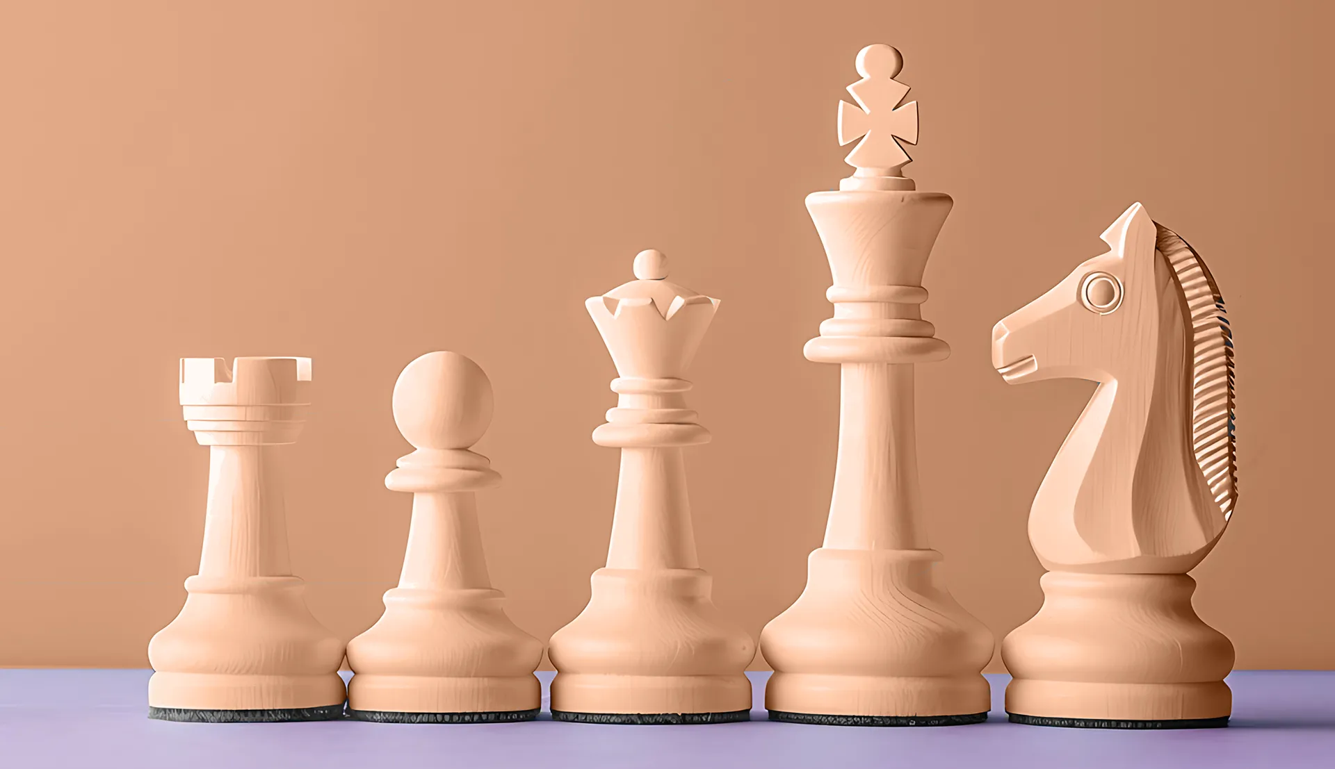 A row of chess pieces made from light-colored wood, including a rook, pawn, bishop, king, and knight, placed against a peach-colored background.