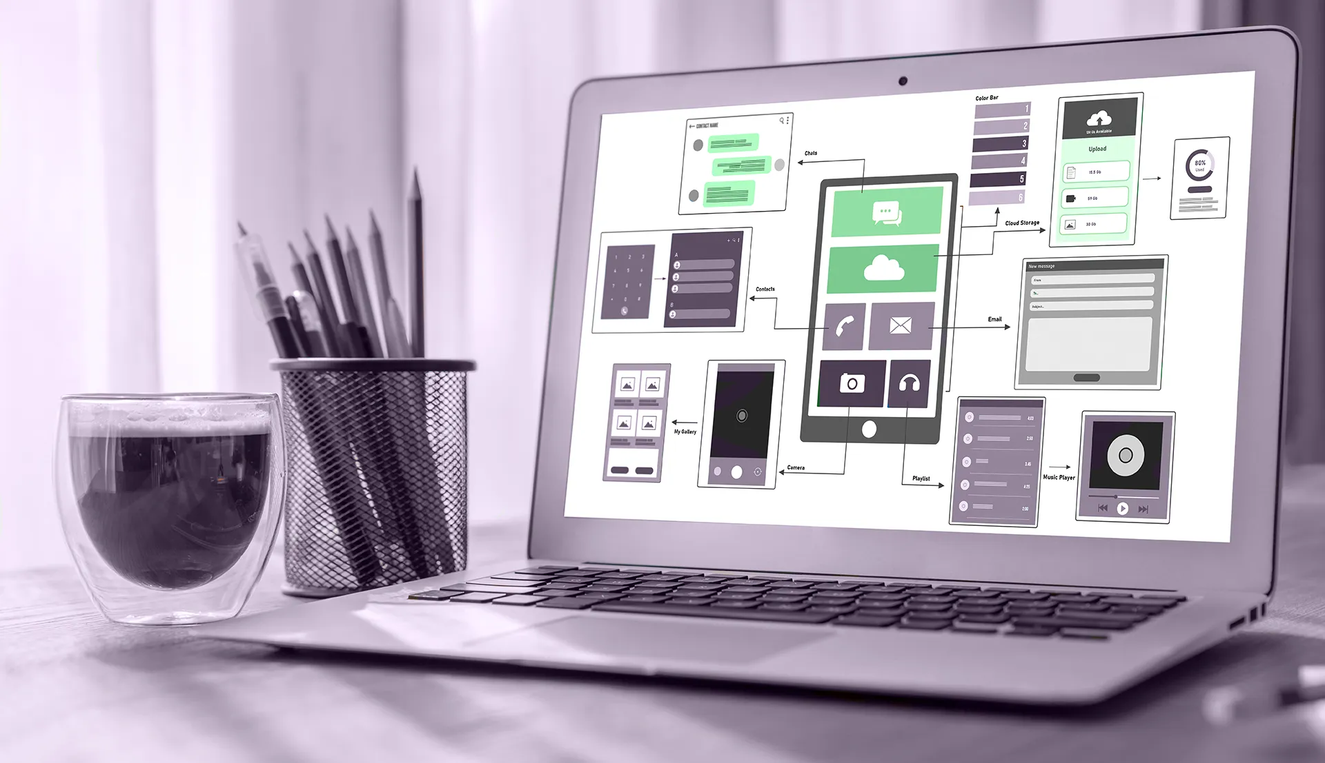 Laptop displaying a wireframe of a mobile app interface, with organized sections representing different app features, placed on a desk with a glass of coffee and a pen holder.