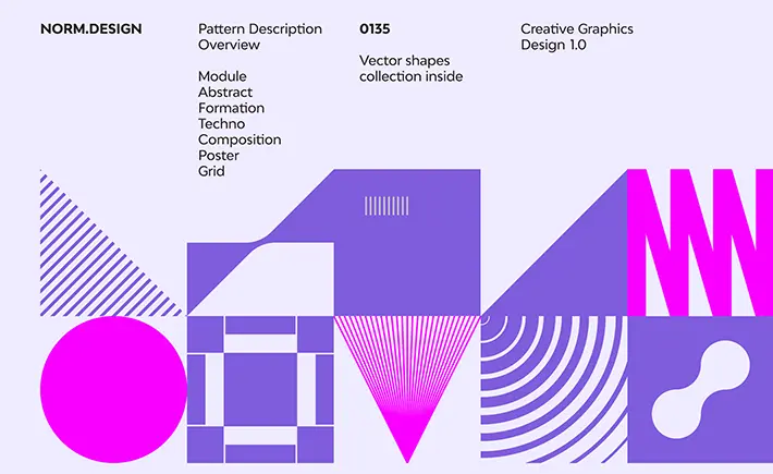 A modern, abstract design pattern overview by NORM.DESIGN. It features geometric shapes like circles, triangles, and lines in vibrant purple and pink colors, with a clean and minimalistic layout. It describes the vector shapes collection, mentioning terms such as \‘module\’, \‘abstract\’ and \‘grid\’.