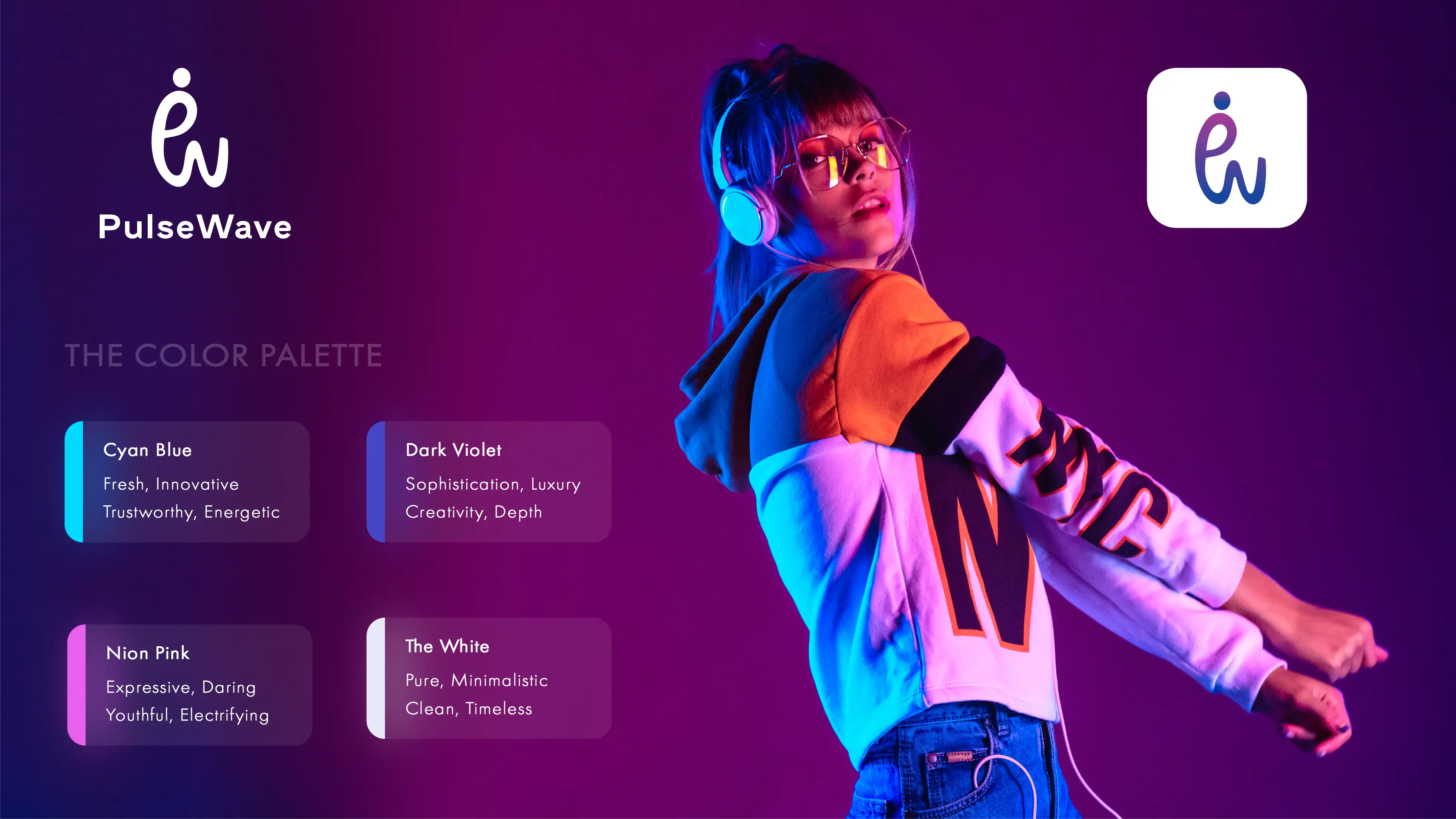 A vibrant marketing image for 'PulseWave' branding, featuring a young woman wearing headphones and a colorful hoodie, illuminated by neon purple and pink lighting. The PulseWave logo, a stylized lowercase ‘pw’ is positioned at the top left corner, with a color palette displayed below. The palette includes: ‘Cyan Blue’ (Fresh, Innovative, Trustworthy, Energetic), ‘Dark Violet’ (Sophistication, Luxury, Creativity, Depth), ‘Neon Pink’ (Expressive, Daring, Youthful, Electrifying), and ‘The White’ (Pure, Minimalistic, Clean, Timeless). The overall theme is modern and dynamic, with an energetic, youthful aesthetic