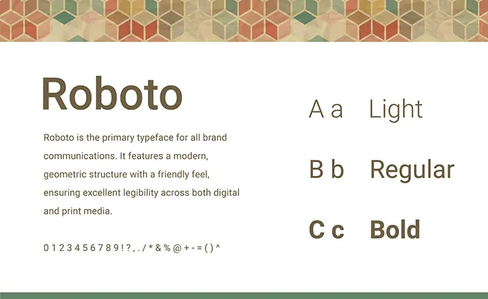 A typography guide for the Roboto font family. Shows various weights of the Roboto typeface, including Light, Regular, and Bold, with sample text in different sizes. Below the font samples are numeric and punctuation symbols, all presented on a geometric pattern background in earthy tones.