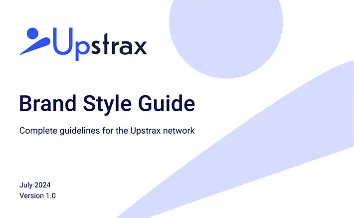 Brand style guide for Upstrax, featuring a clean, minimalistic design. The logo is displayed in blue, with a circular and abstract shape. The background has light blue abstract shapes representing a person