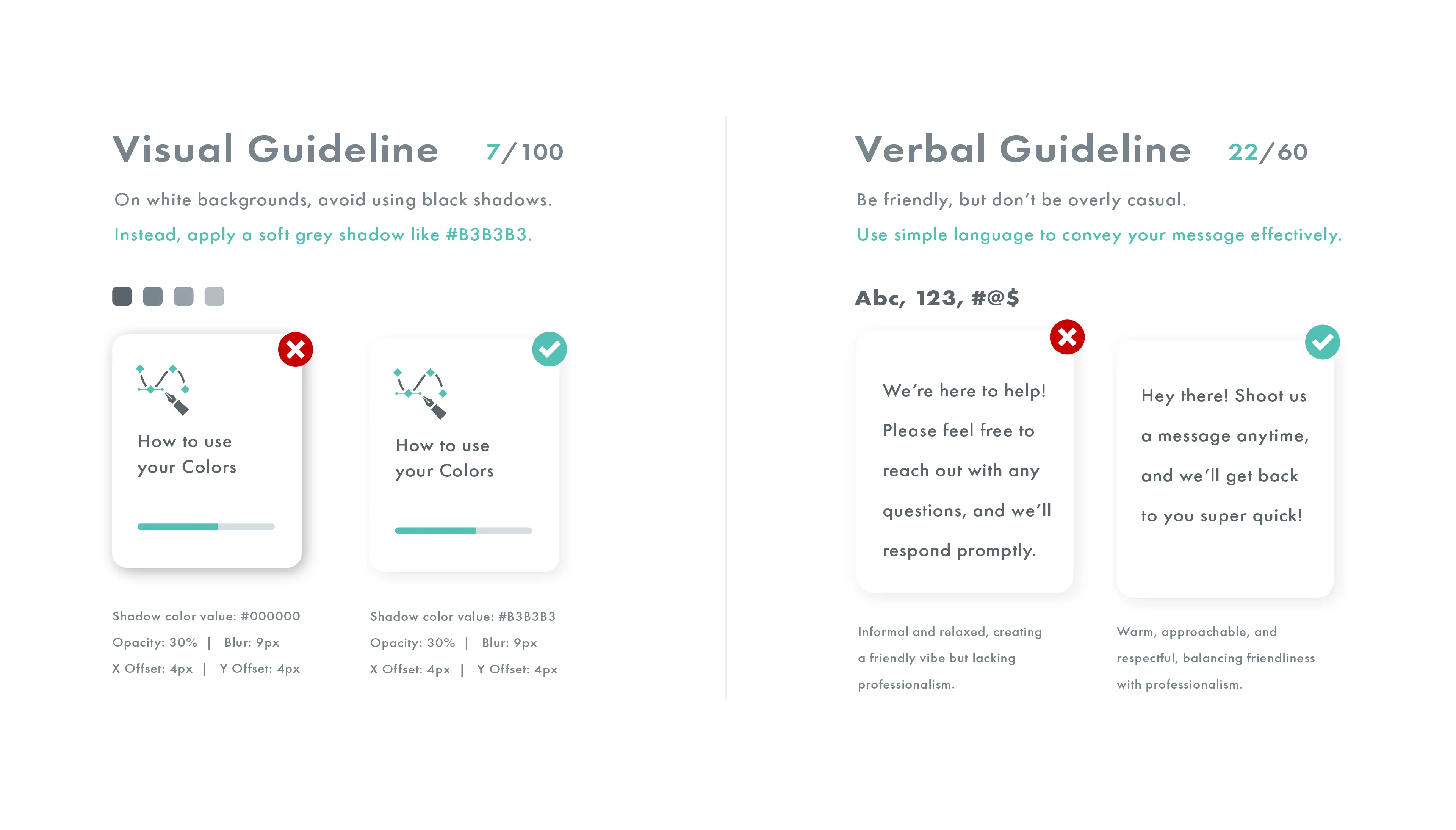 A side-by-side comparison of a Visual Guideline #7 and a Verbal Guideline #22. On the left, under the Visual Guideline, there is advice to avoid using black shadows on white backgrounds, instead suggesting a soft grey shadow (#B3B3B3). Two cards demonstrate the correct use of shadows (with a checkmark) and the incorrect use (with a red ‘x’). On the right, under the Verbal Guideline, there is a suggestion to be friendly but not overly casual, and to use simple language. Two speech bubbles show an example marked correct (friendly but professional) and an example marked incorrect (overly casual and informal). Text examples include ‘We’re here to help! Please feel free to reach out with any questions, and we’ll respond promptly’ (correct) and ‘Hey there! Shoot us a message anytime, and we’ll get back to you super quick!’ (incorrect)