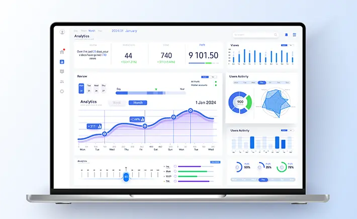 A laptop displaying an analytics dashboard with multiple graphs and widgets. The dashboard includes data on user views, interactions, profits, and user activity. The overall design uses a clean, white interface with blue and green accents for data visualization, including line charts, bar graphs, and circular progress indicators.