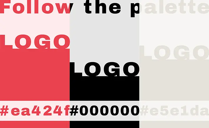 A color guide promoting adherence to a color palette for logos and design. It features bold red and black text with large \‘LOGO\’ examples, overlaying different color blocks. The primary colors displayed include #ea424f (red), #000000 (black), and #e5e1da (light beige). The text \‘Follow the palette\’ is partially visible at the top