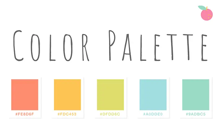 A fruity color palette presentation with five pastel-colored swatches arranged horizontally. Each swatch is labeled with a hex color code: #FEBD6F (coral), #FDC453 (yellow), #DFDD6C (lime), #A0DDE0 (aqua), and #9ADBC5 (mint). The title \‘Color Palette\’ is written in a handwritten font at the top, with a small peach graphic in the top right corner