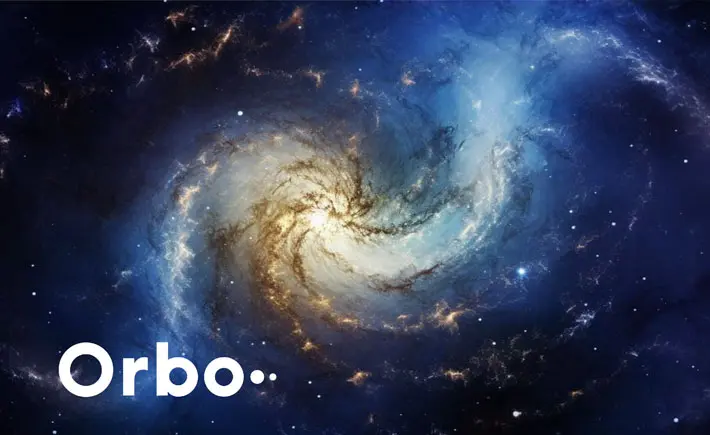 Colorful galaxy with swirling stars and bright stars, with the brand logo 'Orbo' displayed in the corner, evoking themes of space and exploration