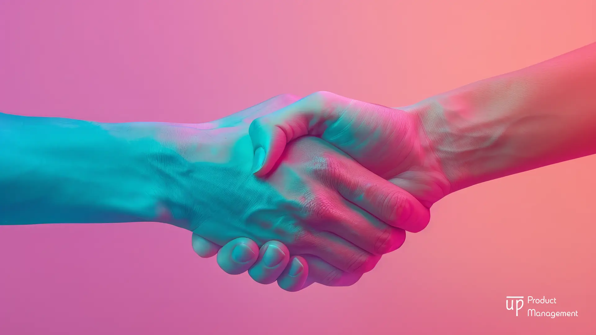 A vibrant image of two hands shaking, symbolizing collaboration or agreement. The hands are illuminated with neon lighting, blending shades of blue and pink, creating a gradient effect against a pink and orange background. In the bottom right corner, the text reads ‘UP Product Management’ in small, white font, accompanied by a simple logo