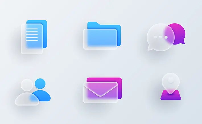 Six modern, transparent icons against a light gradient background. The icons represent different digital elements: a document, a folder, chat bubbles, a group of people, an envelope, and a location pin. Each icon has a gradient blue and pink color scheme, with a soft, glossy appearance